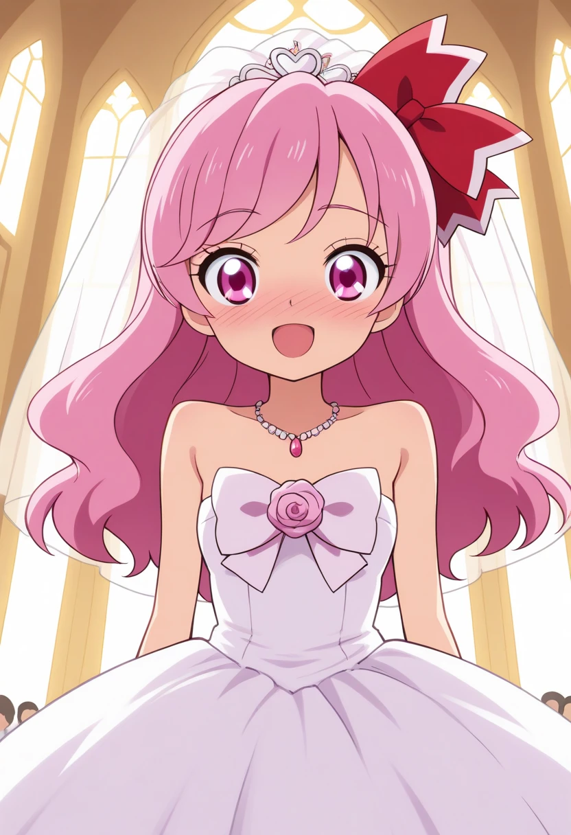 Masterpiece, great quality, humangarnet, jewelpet \(series\), 1girl, pink hair, solo, smile, open mouth, pink eyes, long hair, bow, hair ribbon, wedding dress, wedding veil, church, deep blush, blush, nose blush