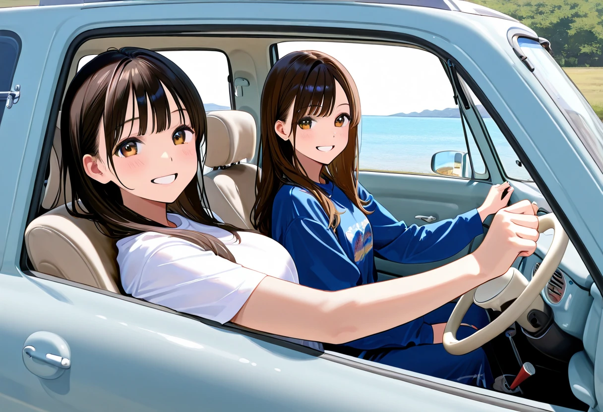 score_9,score_8_up,score_7_up,masterpiece,best quality,real,realstic,
2girls,,long hair,(smiling, , looking at viewer),(sitting in car seat),sitting in driver's seat,driving car,<lora:pao:1>,pao,