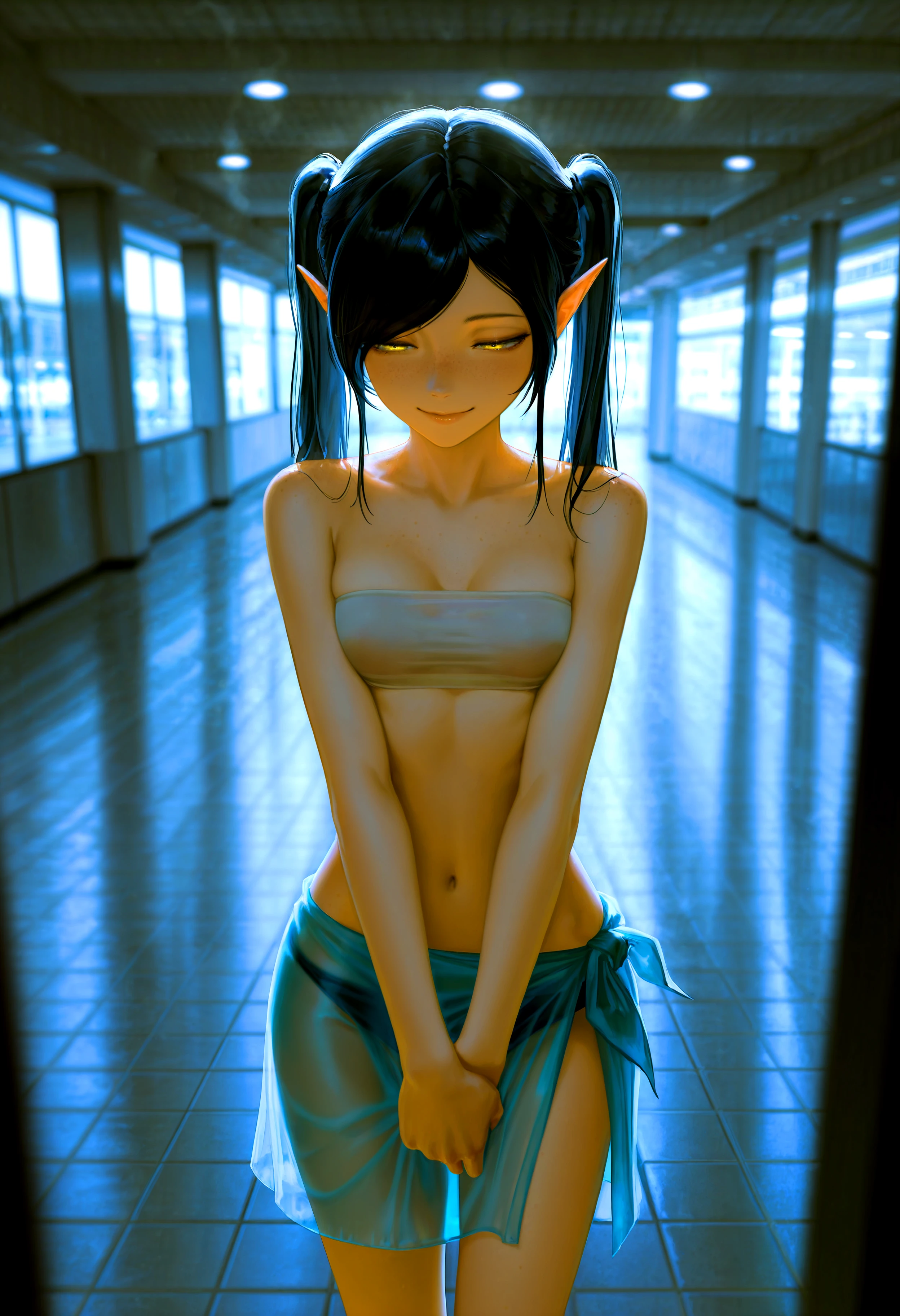 HDR, 8K, high contrast, masterpiece, best quality, amazing quality, very aesthetic, superabsurd res, high resolution, ultra-detailed, absurdres, newest, scenery, (horikoshi kouhei:0.3), (quasarcake:0.3), (wlop:0.3), 1girl, elf, pointy ears, yellow eyes, pale skin, freckles, small breasts, twintails, black hair, swept bangs, sidelocks, swimsuit, bandeau, tube top, strapless, sarong, see-through, standing, breasts squeezed together, in heat, seductive smile, half closed eyes, inside, mall, fog, smoke, BREAK, photorealistic, beautiful detailed eyes, detailed skin, detailed hair, volumetric lighting, dappled light, light particles, dramatic shadows, cinematic lighting, photo background, depth of field, <lora:IL\KMS_HH_Lin_IL:0.7>