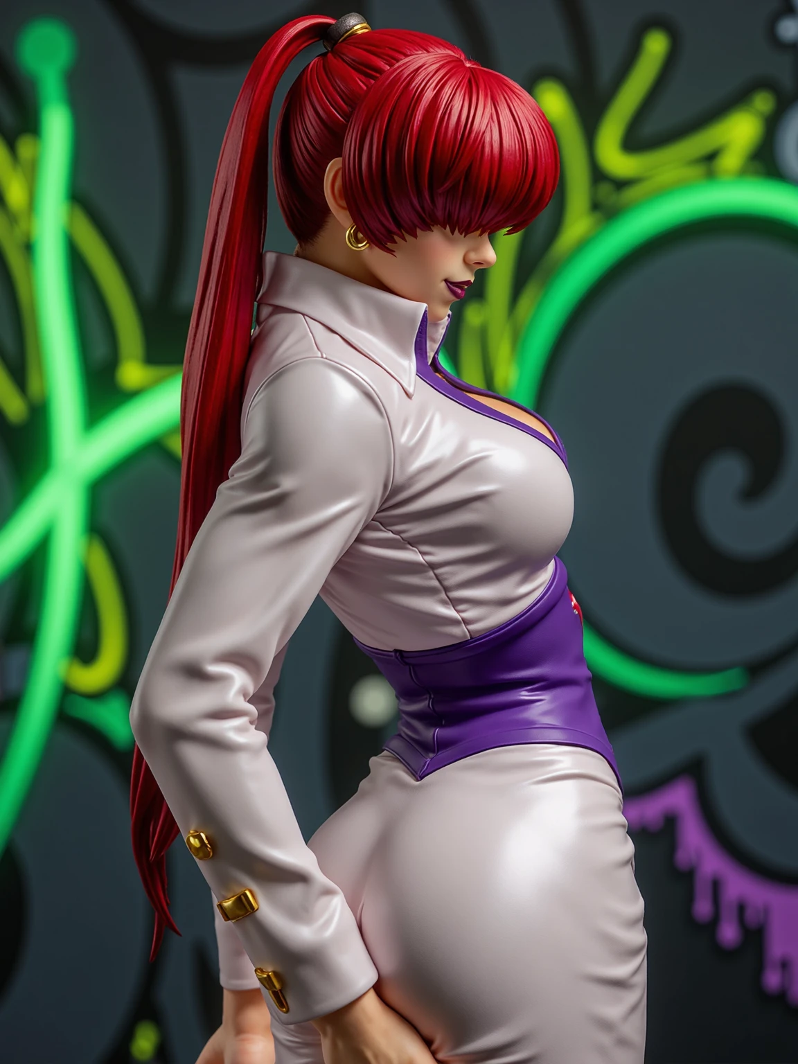 amateur photo of Shermie The King of Fighters features a character with striking long red hair styled in a ponytail secured with a gold ring. Black lips. She wears a fitted white blouse that ends just above her waist, accentuating her form. The top is complemented by a purple sash that ties around her waist, creating a dynamic contrast. realistic skin, 50mm canon, textile texture, Her bottom attire consists of a sleek white skirt that hugs her curves, enhancing her athletic build. She has thigh-high white boots that add to her stature and give her a powerful appearance. The pose she strikes suggests confidence and grace, with her body turned slightly to one side and one hand poised, suggesting readiness and strength. Graffiti wall in the background, green neon lights