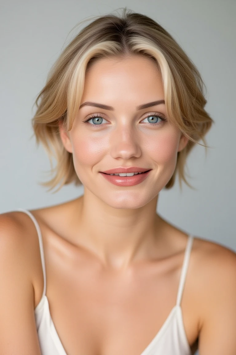 High quality realistic beauty shot of camdflx. A close-up shot of a woman. She is wearing a camisole blouse. Her lips are a light pink color. Her blonde hair is short and tousled. The backdrop is a light gray. She is giving a beautiful smile.