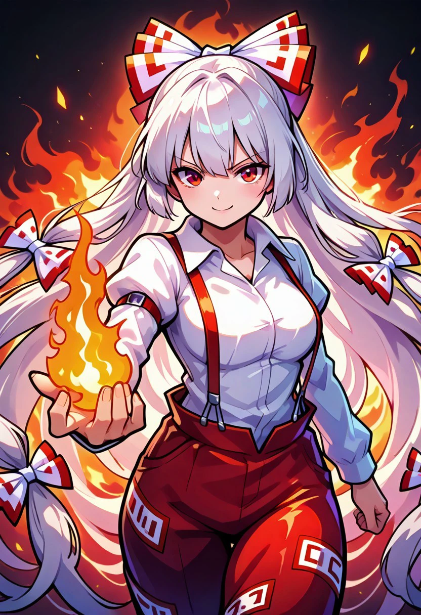 zzMokou, red eyes, hair between eyes, grey hair, hair bow, hair ribbon, long hair, very long hair, white hair, bow, suspenders, white shirt, shirt, long sleeves, pants, white bow, red pants, collared shirt
fire, aura, foreshortening, 
,cowboy shot, medium breasts, curvy, smile, looking at viewer, pretty background, dynamic pose,