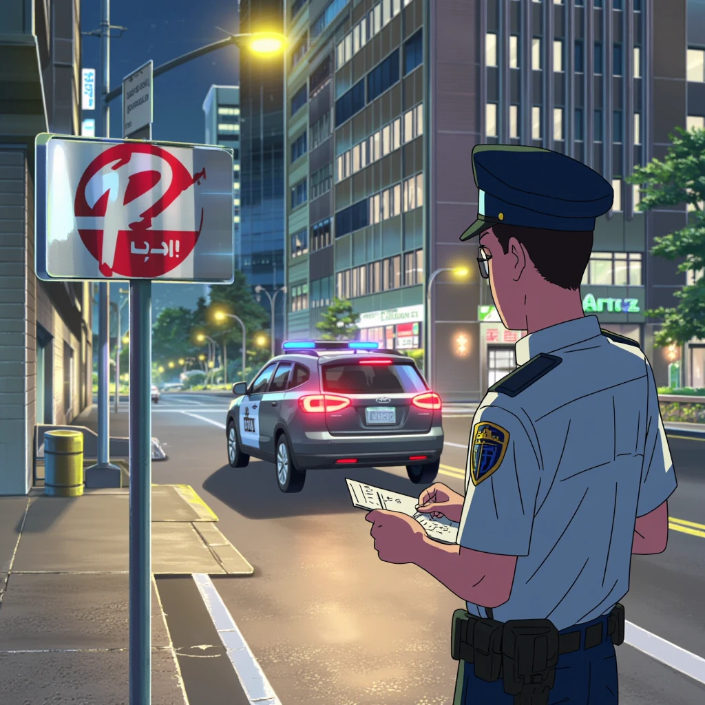 anime screencap in yn artstyle, a scene during a pitch black dark night of a police officer writing down notes on a clipboard while standing in front of a parked car in a downtown city street. in the foreground is a street sign that reads "NO parking!". in the background is a police car with red and blue flashing emergency lights on.