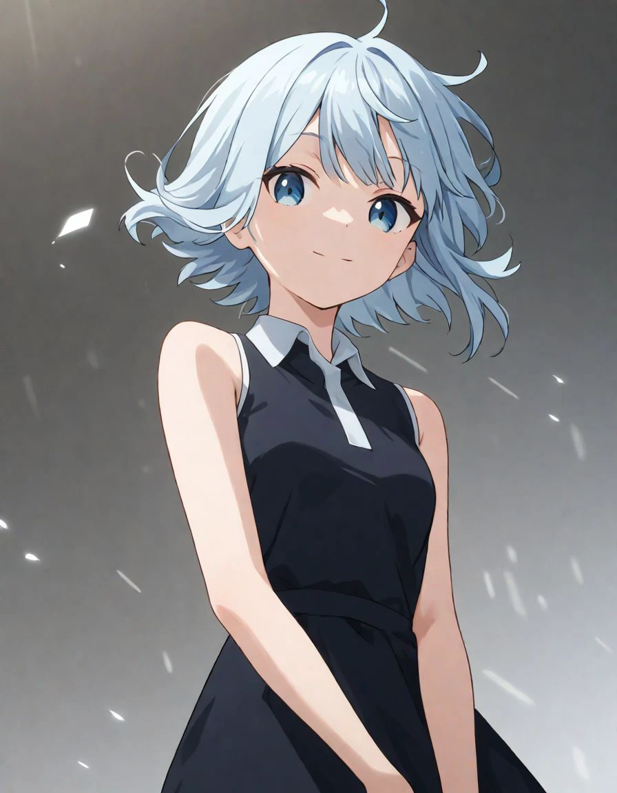 1girl, light blue hair, short hair,  black sleeveless shirt dress,  floating hair
, looking at viewer, light smile
, scrore_9, score_8_up, score_7_up
<lora:quartet2:1>