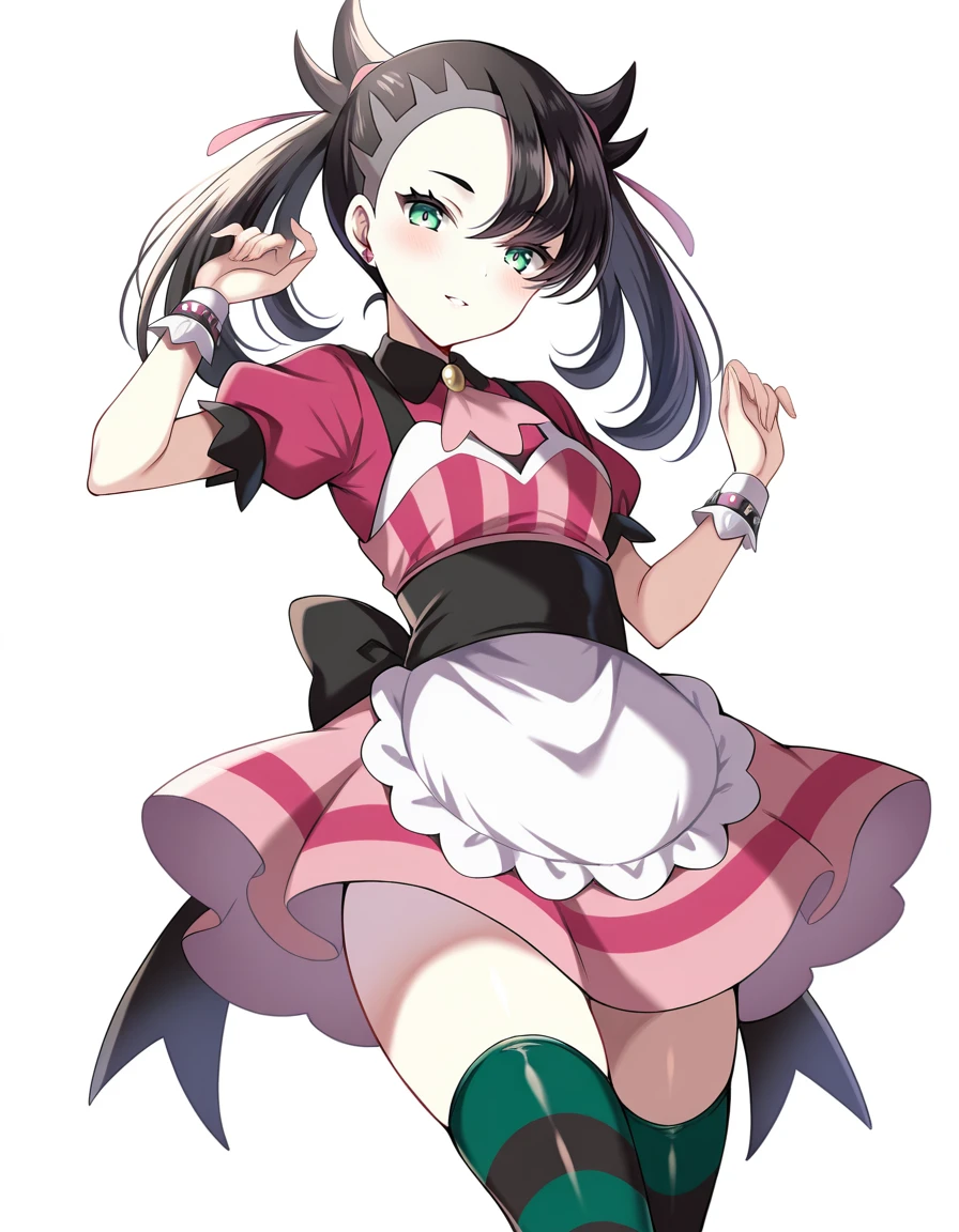 masterpiece, best_quality, absurdres, <lora:marnie_pokemon_il:1> marnie_pokemon, black_hair, twintails, green_eyes, pink_ribbon, short_sleeves, striped_dress, thighhighs,  wrist_cuffs, ascot, apron, frills, by_harimoji, simple_background, solo, light_blush, zettai_ryouiki, looking_at_viewer, parted_lips, thighhighs, black_bow, full_body, white_background, hands_up, bow, frills, green_thighhighs, 1girl, hand_up, green_pupils, smile, thighs