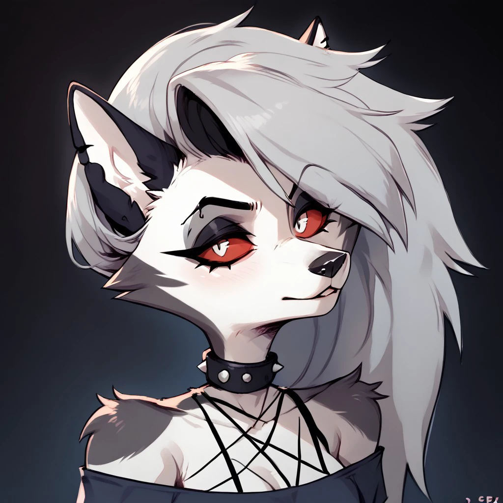 score_9, score_8_up, score_7_up, 
BREAK 1girl, LoonaHelluvaV1.5, furry female, white fur, goth, goth girl, colored sclera, red sclera, white pupil, animal ears, red eyesm fingerless gloves, piercing, collar,