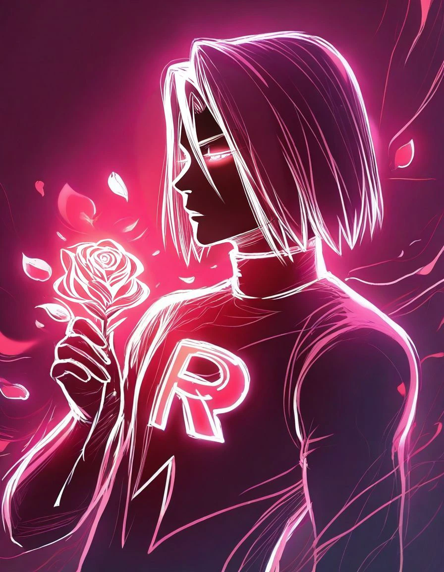 masterpiece, best quality, highres, absurdres,  <lora:Navi_LustStrokes_IL:1>, limited palette, sketch, glowing, psychedelic, mist,
man, james \(pokemon\),   turtleneck shirt,   holding rose , from side, close-up,  half-closed eyes,  dutch angle , team rocket uniform , rose petals,  hair between eyes, muscular male,