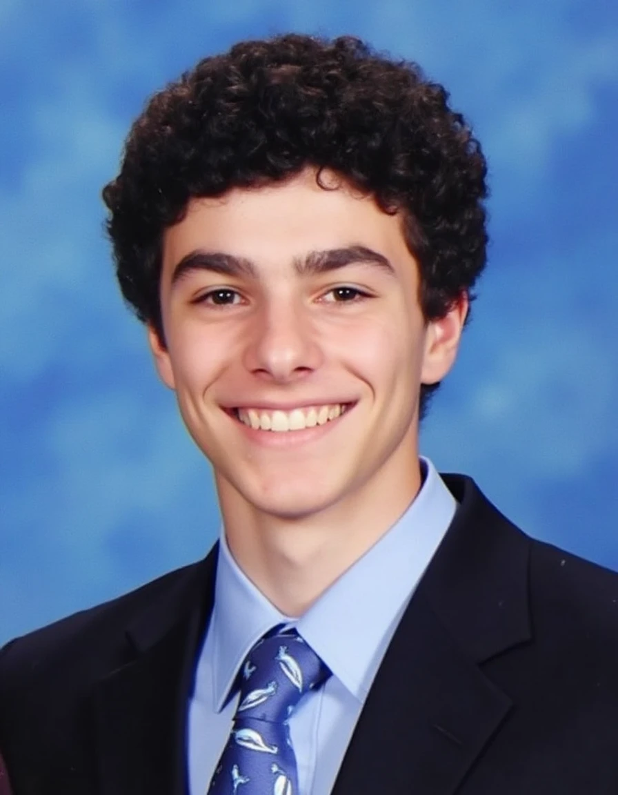 This is a color portrait photograph of luigimangione against a blue textured backdrop. He has dark, curly hair and is smiling. He is wearing a light blue collared shirt with a blue tie that has white whales printed on it. He is also wearing a black jacket or suit. His head and shoulders are in the center of the frame. luigimangioneâs skin is light, and his teeth are visible in his smile. The lighting is consistent and professional, suggesting this is a portrait-style photograph, possibly a school photo or professional headshot. The background is simple and does not have any discernible features. <lora:luigimangione_000002200:1>