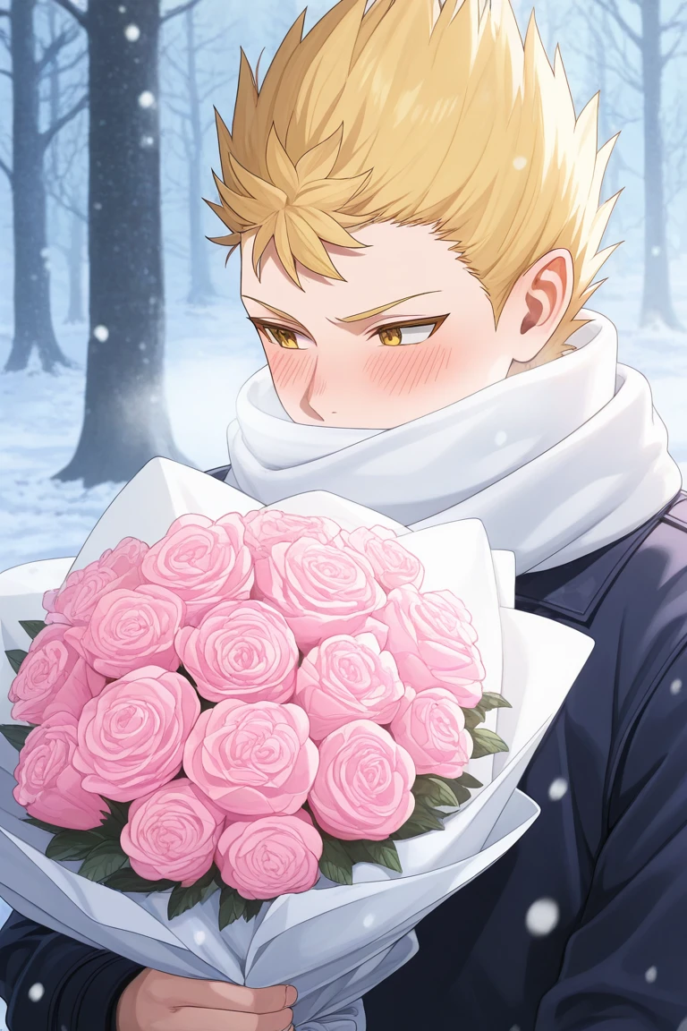 realistic shading, natural lighting, male focus, looking away, expressive face, sabnockwdik, blonde_sabnockwdik_spiked hair, yellow_sabnockwdik_eyes, 1boy, shy, covered mouth, holding pink flower bouquet, blush, winter clothes, shiny skin, white scarf, jacket, snowing, snow, winter theme, breath, outdoors, tree, romantic, intricately detailed illustration, depth of field, atmospheric perspective, masterpiece, best quality, amazing quality, very aesthetic, absurdres, newest, anime screencap