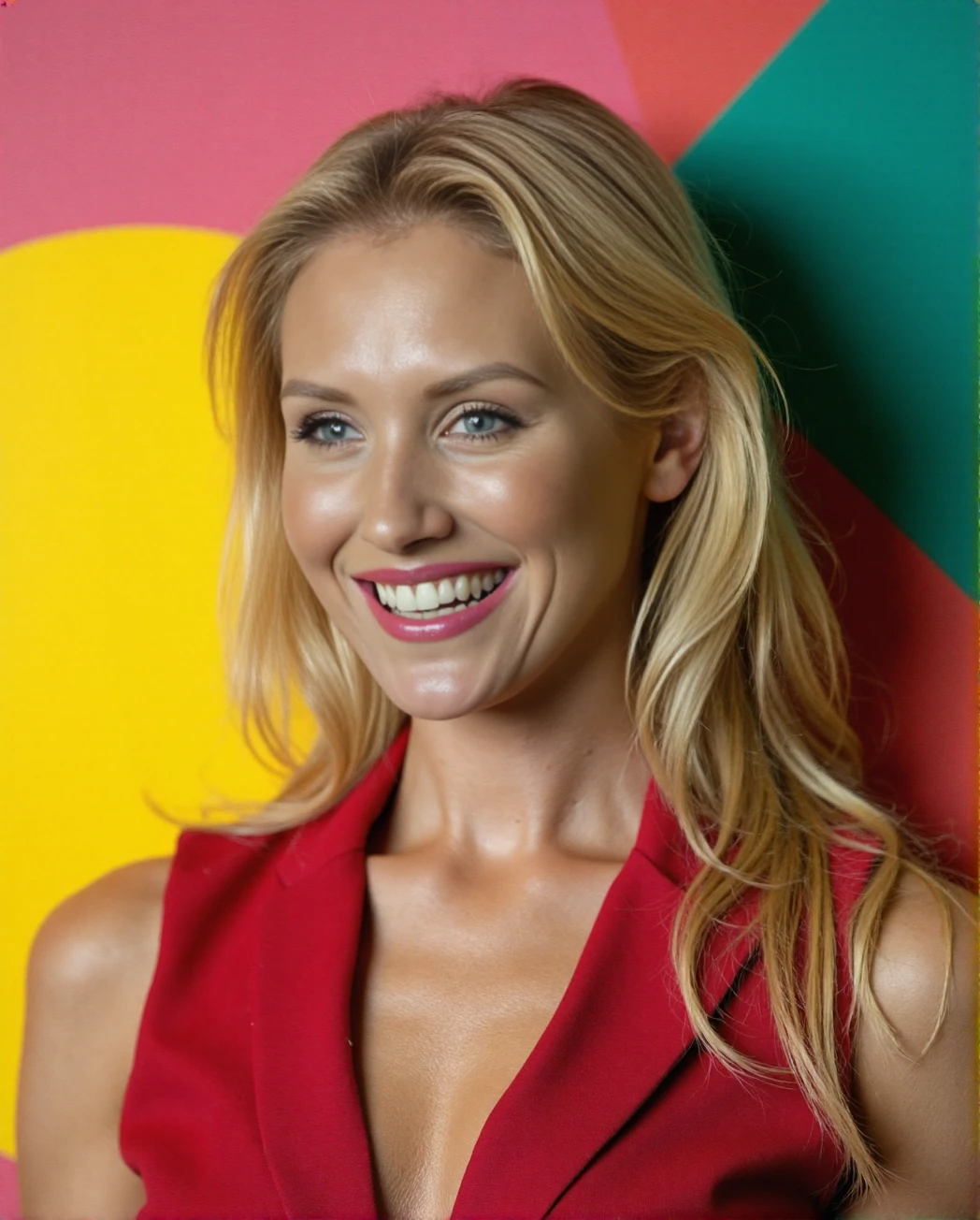 A professional close-up portrait photograph of a young woman Nicky_Whelan against a brightly coloured geometric background for her modelling portfolio. Blonde hair, detailed skin, female focus, (SFW), smile <lora:Nicky_Whelan:1>