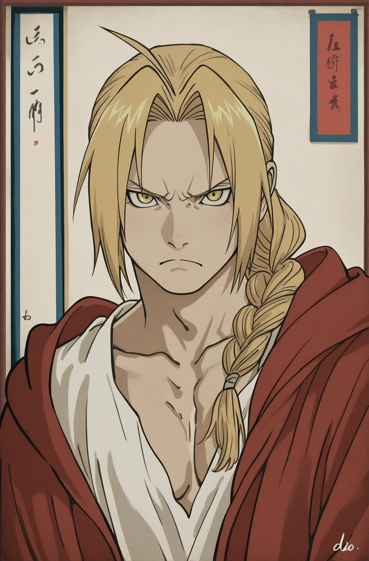 masterpiece, best quality,
edward_elric, fullmetal_alchemist, 1boy, blonde_hair, yellow_eyes
<lora:Edo time period style [IL]:1.5> edo_style, fine art parody, style parody, signature,