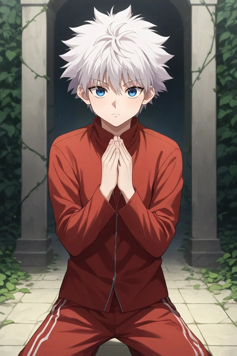 score_9, score_8_up, score_7_up, source_anime, rating_safe, , , looking at viewer, depth of field, 1boy, solo, male focus, <lora:killua_zoldyck_pony:0.98>, killua_zoldyck, white hair, blue eyes, short hair, spiked hair, bangs, messy hair, temple, vine, stone wall, glowing symbol, sunbeam, praying, kneeling pose, serene expression, male Eighteen Sleek, Southeast Asian, Light brown eyes, Split Ears, Angular Nose, Protruding Chin, Angular Jaw, Shapely Hamstrings, Jaw, Auburn Bald head hair, Joy, wearing Swim trunks, Taffeta RustRed Polo jacket, , ,, Arms folded across the chest, appearing closed off or guarded, <lora:sdxl_lightning_8step_lora:1>