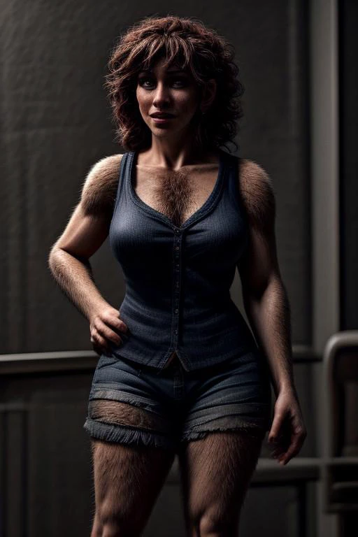 (hairy human female:1.3), secretary, (lady), fuzzy, standing, shorts, sleeveless, negative_hand