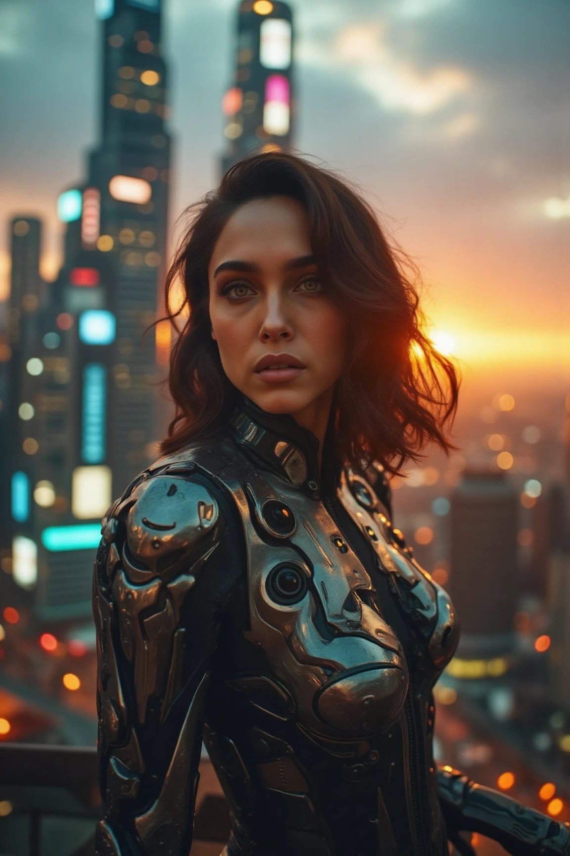 Shawarflx, a striking woman, stands confidently in a futuristic cityscape at sunset. Soft, even lighting casts a warm glow on her features, accentuating the intricate details of her cybernetic robot attire. Her face, a masterwork of precision and beauty, is framed by medium-length portrait proportions. Eyes gleam with intensity as she surveys the neon-lit metropolis behind her, where towering skyscrapers and holographic advertisements blur into a futuristic haze.