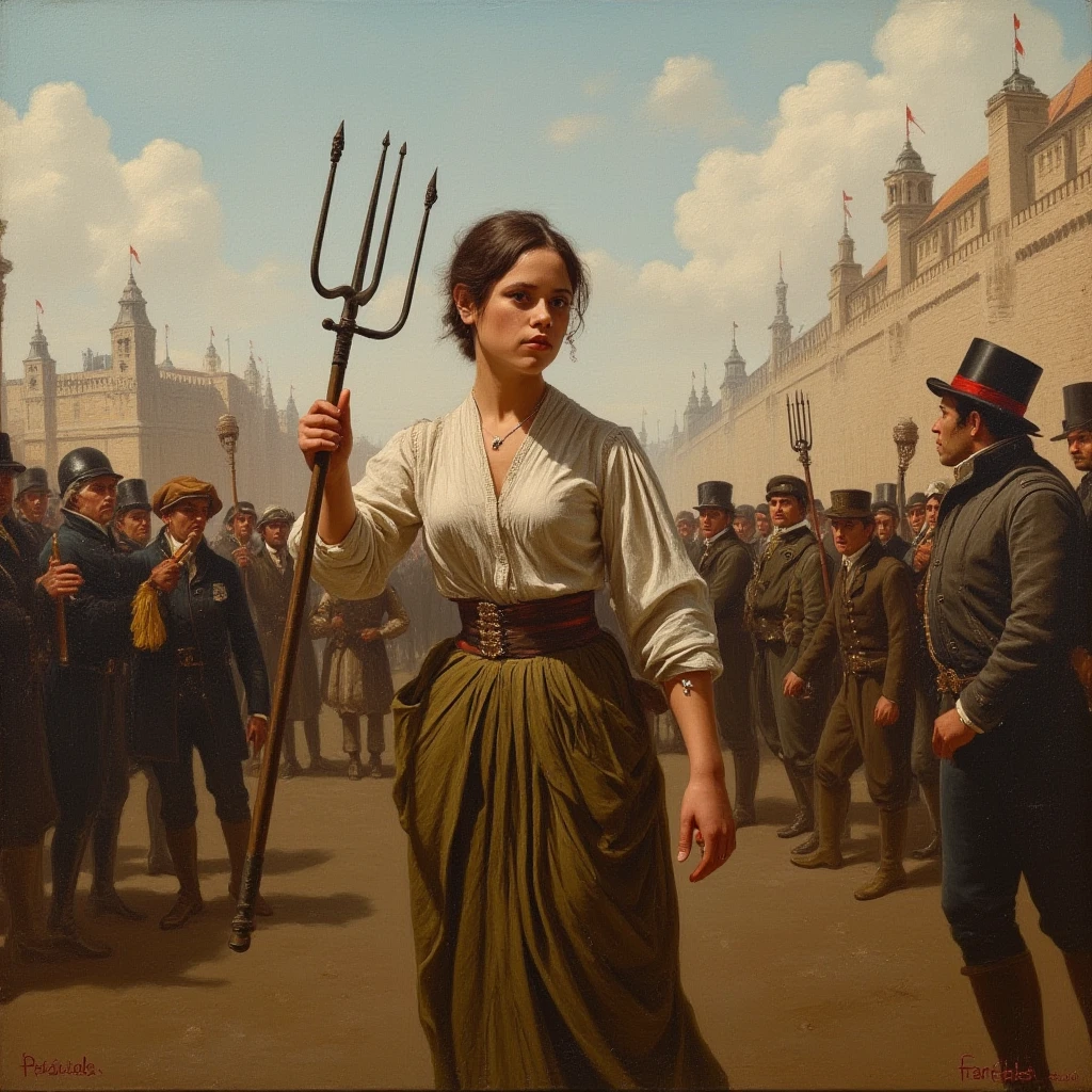 (Beautiful impressionistic oil painting) of a woman in the 1870s in france during the french revolution holding a three-pronged simple pitchfork and leading a rabble of shouting people to the bastille. She is clothed in french peasant clothing of the early 19th century and has a determined look on her face., <lora:Jenna_Ortega_Large_FLUX_v2_merger_19_40_49_61_03_02_03_02:1>