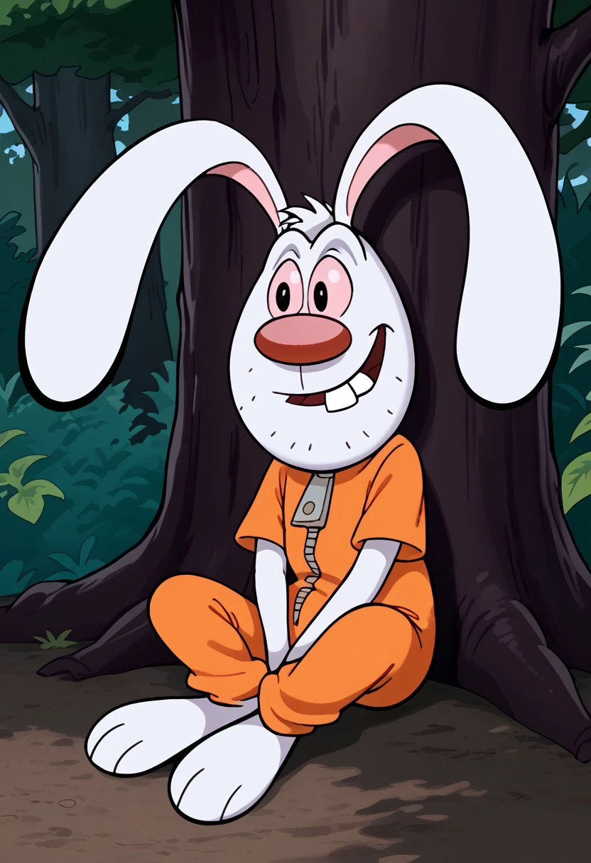 Score_9, score_9_up, solo, 1boy, furry, rabbit, animal, white fur, big nose, red nose, pink sclera, black eyes, buckteeth, uneven teeth, rabbit ears, floppy ears, aftershave, orange jumpsuit, three toes, sitting under a tree, legs crossing