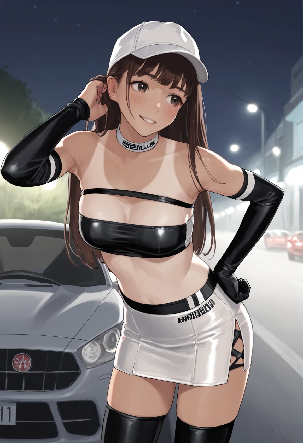 (((medium breasts))), ((best quality)), ((masterpiece)), ((detailed)), (((perfect face))), ((((slender  girl)))), ((((standing beside black SUV)))), (((((topless))))), (((dark blue pleated skirt from waist to thighs))), (((short ponytail))), (((blue eyes))), (((brown hair))), ((shy:1.3)), ((blushing:1.5)), ((skinny thighs)), ((skinny hips)), (((bare arms))), (((bare shoulders))), (((bare stomach)))