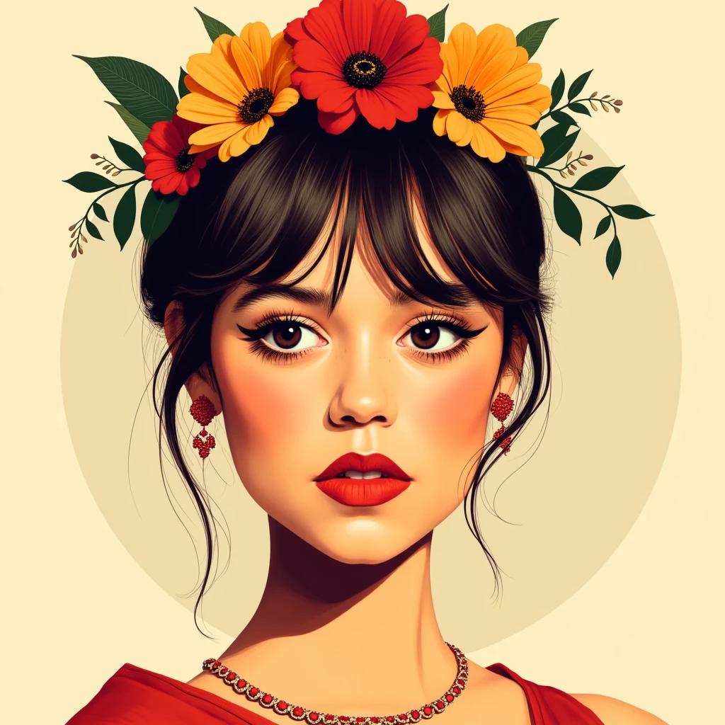 Use modern vector graphics flat design art with vibrant colors with a limited color pallete and simple shapes to create an illustration of a woman wearing flowers in her hair looking at the viewer, <lora:Jenna_Ortega_Large_FLUX_v2_merger_19_40_49_61_03_02_03_02:1>