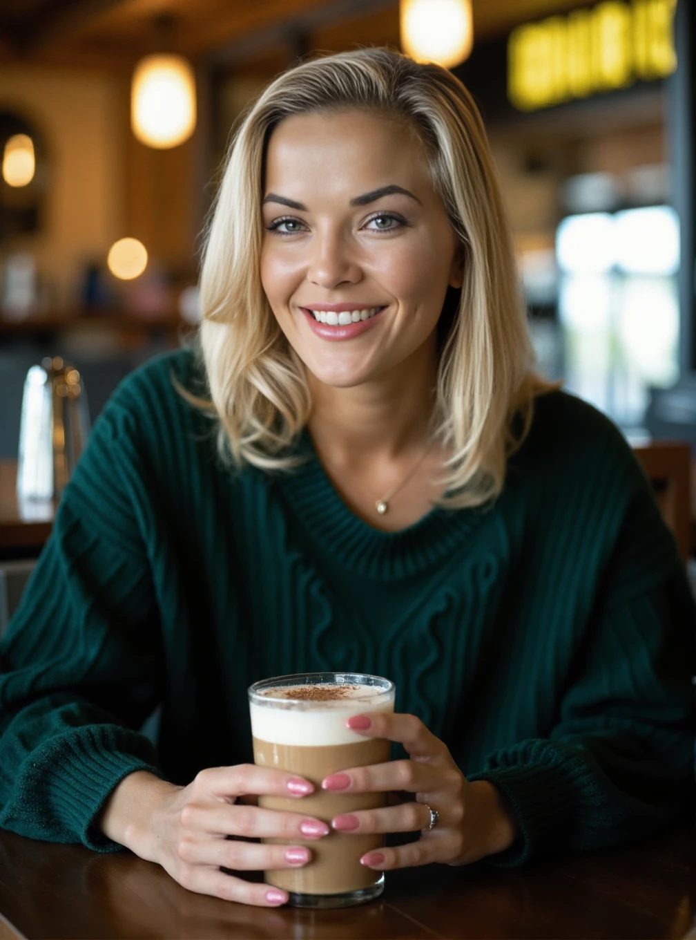 A professional photograph of a young Caucasian woman Jisel wearing a dark green cableknit sweater in a cafe, holding a latte. Blonde hair, light make-up, detailed skin, bokeh, female focus, (SFW), smile <lora:Brandy_Ledford:1>