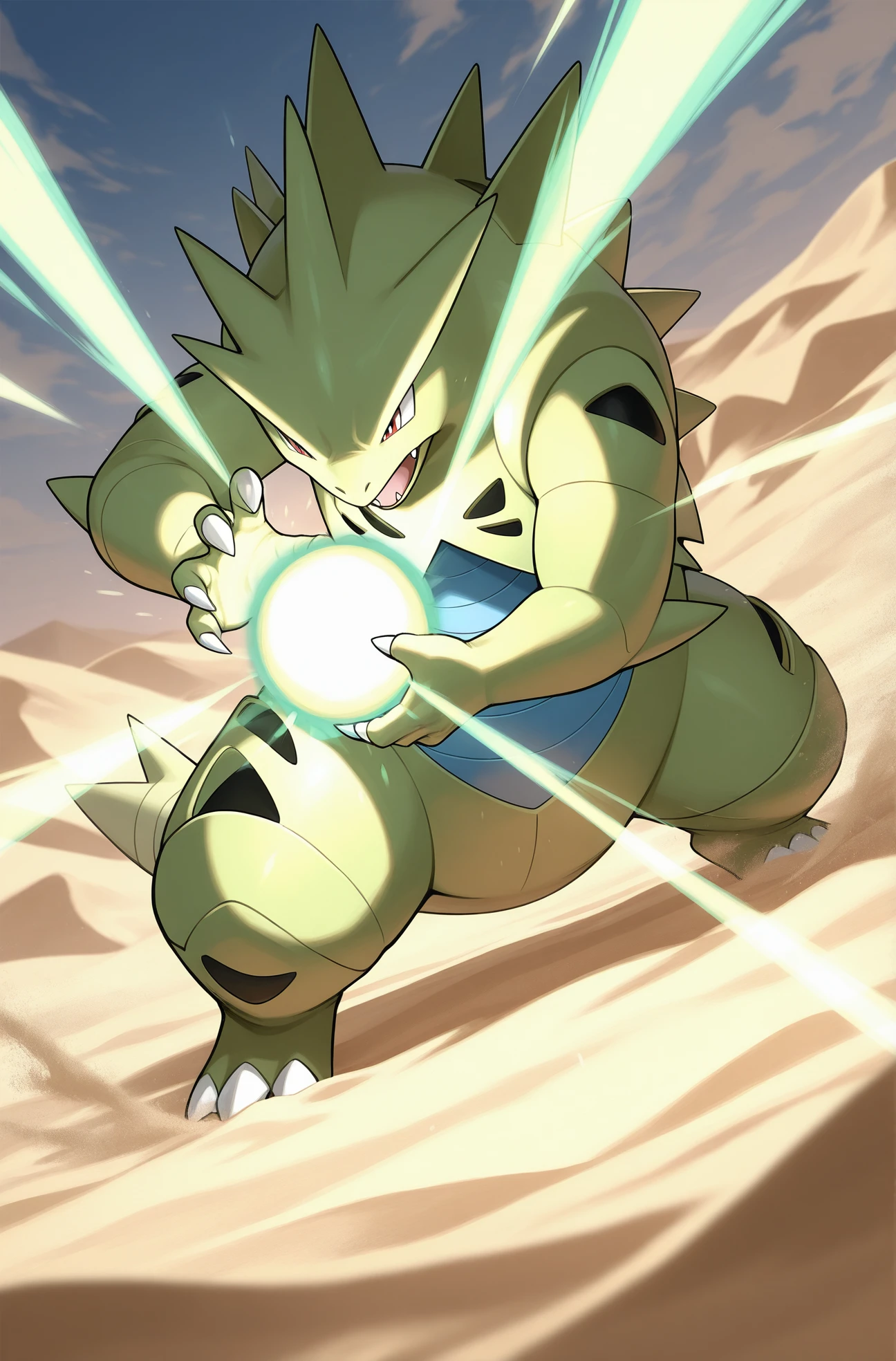 masterpiece, best quality,
<lora:kamehameha [IL]:0.7> kamehameha, energy ball, aura,
Tyranitar, pokemon, pokemon_(creature), sand, desert,