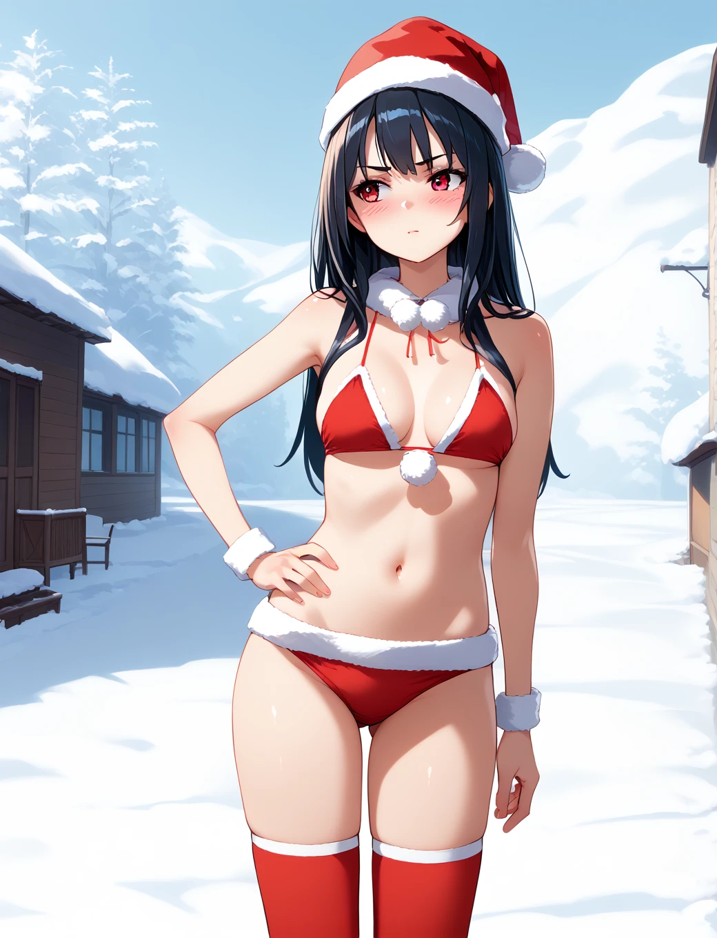 score_9, score_7_up, source_anime,
1girl, santa bikini, santa hat, standing, hand on hip, blush, black long hair,  red thighhighs , outdoors, snow, pom-pom, <lora:santa_bikini_xl:0.9>