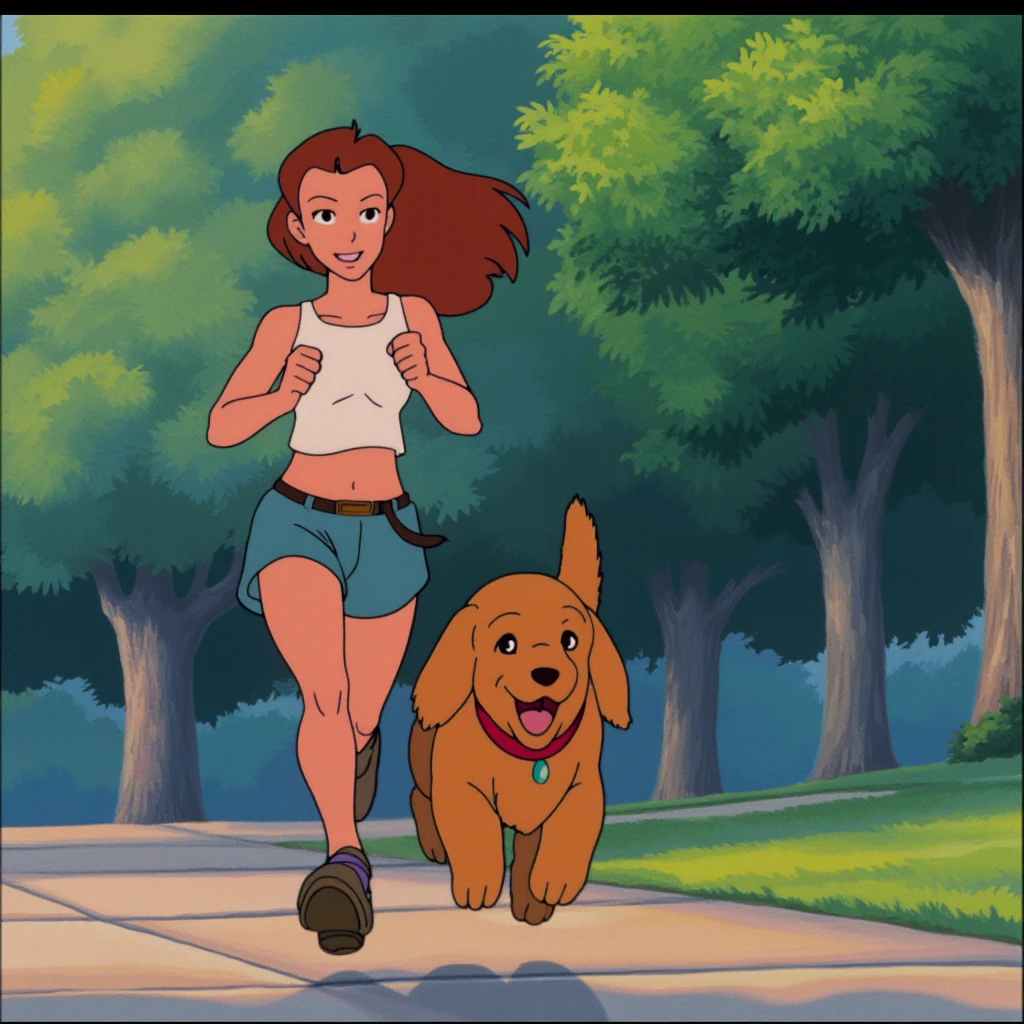 anime screencap in ng artstyle, a cheerful young woman jogging with her dog in a peaceful park during a sunrise. She is dressed in casual athletic wear, a white tank top, and shorts, her hair flowing behind her as she runs. Her dog, a happy golden Labrador with a red collar, keeps pace beside her with an excited expression. The background features lush green trees.