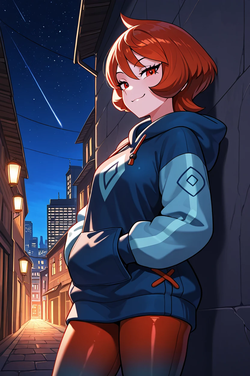 masterpiece, best quality, 1girl, solo, 21 year old model, eyelashes, (beautiful eyes),     ,,,zzArezu, solo, 1girl,  red hair, cowlick, red eyes, blue hoodie, hood, red pantyhose, gradient legwear,  <lora:ArezuPokemonIXL:1.0>, ,,, stars, night, luminescent background, city, back alley, smug, hands in pockets, smile, looking at viewer, shiny skin, <lora:princess_xl_v2:0.3>,