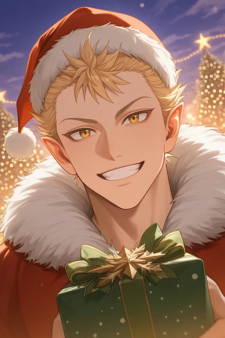 realistic shading, male focus, looking at viewer, expressive face, sabnockwdik, blonde_sabnockwdik_spiked hair, yellow_sabnockwdik_eyes, 1boy, holding a gift box, smiling, happy, shiny skin, santa claus cosplay, red headwear, fur-trimmed coat, snowflake, christmas theme, outdoors, christmas lights, bokeh, cloud, centered, dutch angle, dynamic angle, intricately detailed illustration, depth of field, masterpiece, best quality, amazing quality, very aesthetic, absurdres, newest