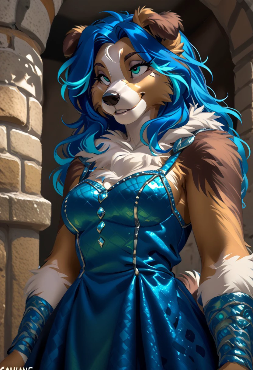 score_9, score_8_up, score_7_up, (by kittydee:1.5), (by jailbird:1.5), (by zummeng:1.5), masterpiece, best quality, (solo),
(Furry Art: Anthro: Sheltie:1.5), 1girl, expressive eyes, feminine eyes, perfect face, feminine face, shetland sheepdog, dog, canine, pointy dog ears, multicolored fur, sable fur, brown fur, white fur, dark brown fur, fluffy fur, (blue hair with aqua blue highlights:1.5), spiky hair, medium breasts, diamond studded dress, armor,