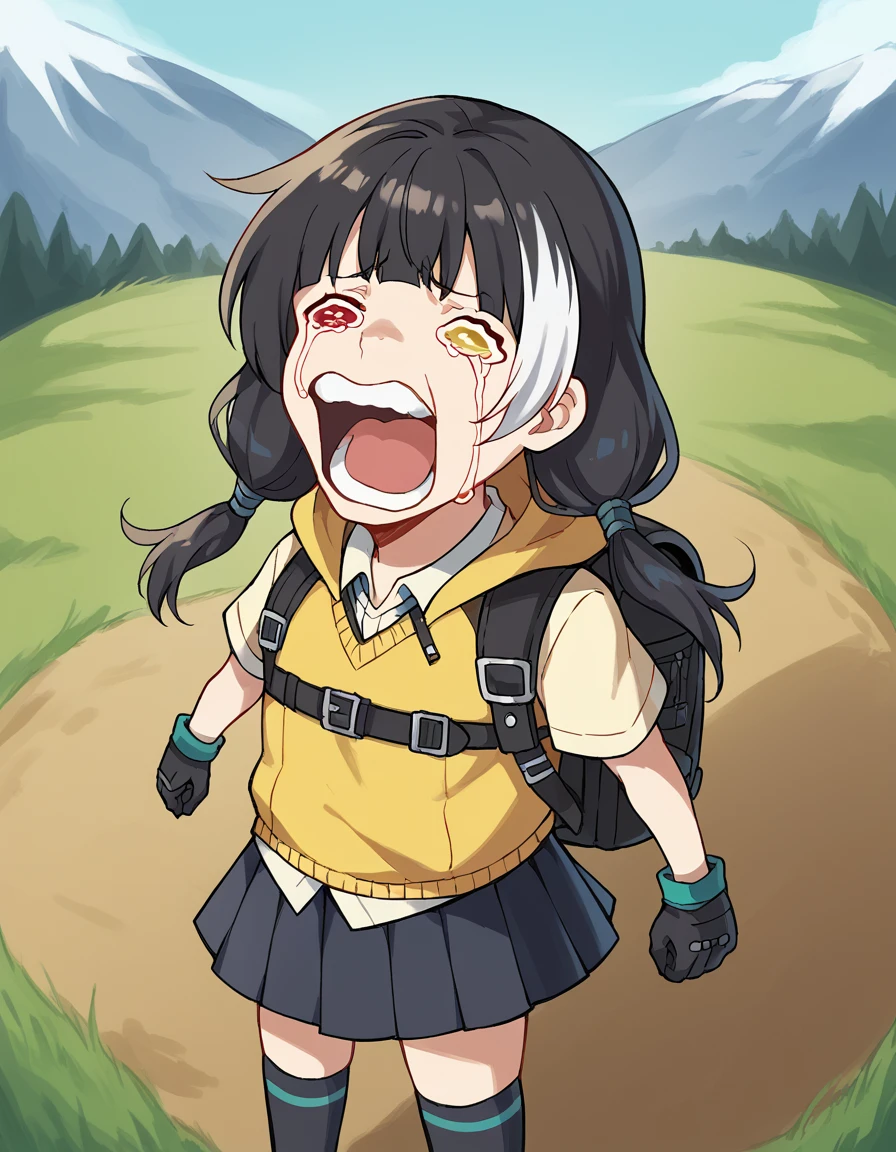 score_9, score_8_up, score_7_up, source_anime, <lora:girlsfrontline-ro635-ponyxl-lora-nochekaiser:1>, ro635, black hair, twintails, heterochromia, red eyes, yellow eyes, streaked hair, white hair, blunt bangs, low-tied twintails, long hair, multicolored hair,, shirt, white shirt, sweater vest, belt, black gloves, black skirt, hood, hood jacket, jacket, kneehighs, pleated skirt, over-kneehighs, skirt, thighhighs, yellow jacket,, mountain trail, hiking, nature, backpack, adventure, fresh air, , <lora:chopper-crying-ponyxl-lora-nochekaiser:1> chopper crying, chopper crying (meme), meme, wavy eyes, crying, tears, teeth, open mouth, tongue,, looking at viewer, solo,, dutch angle, cowboy shot