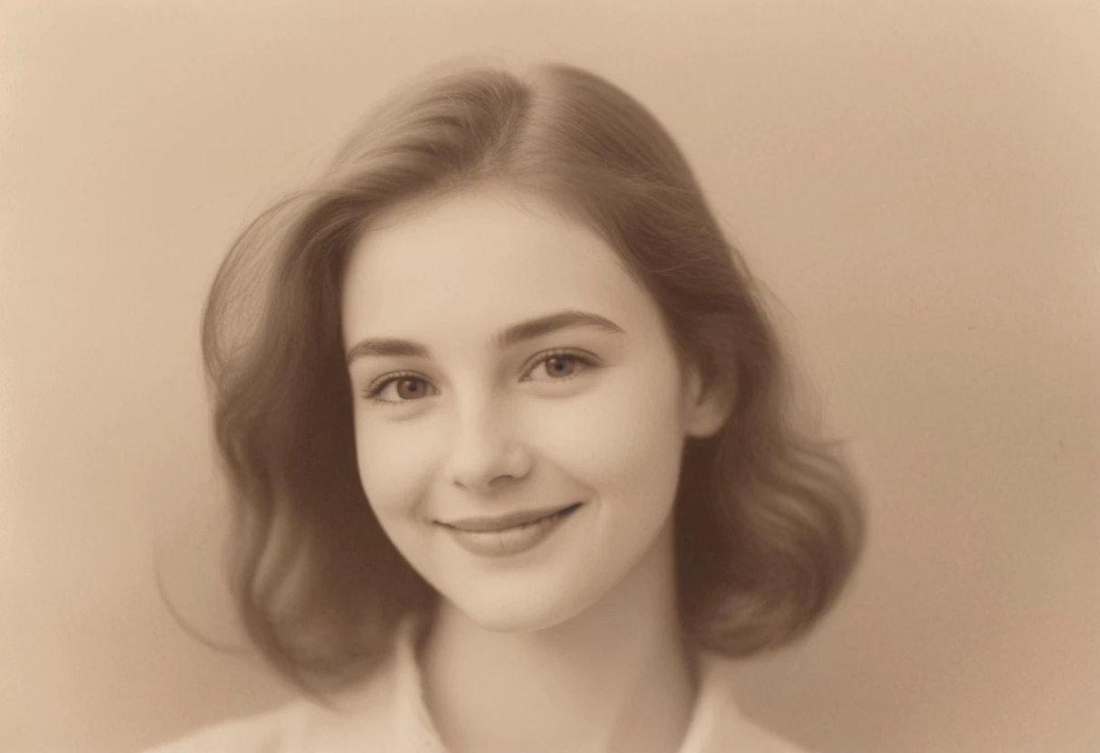 Create a soft, sepia-toned portrait of a young woman with delicate features and a gentle smile. Her hair is smooth and neatly parted, giving a timeless and serene appearance. The composition is inspired by vintage photography, with a warm, nostalgic atmosphere and a blurred background to emphasize an ethereal, dreamy aesthetic.