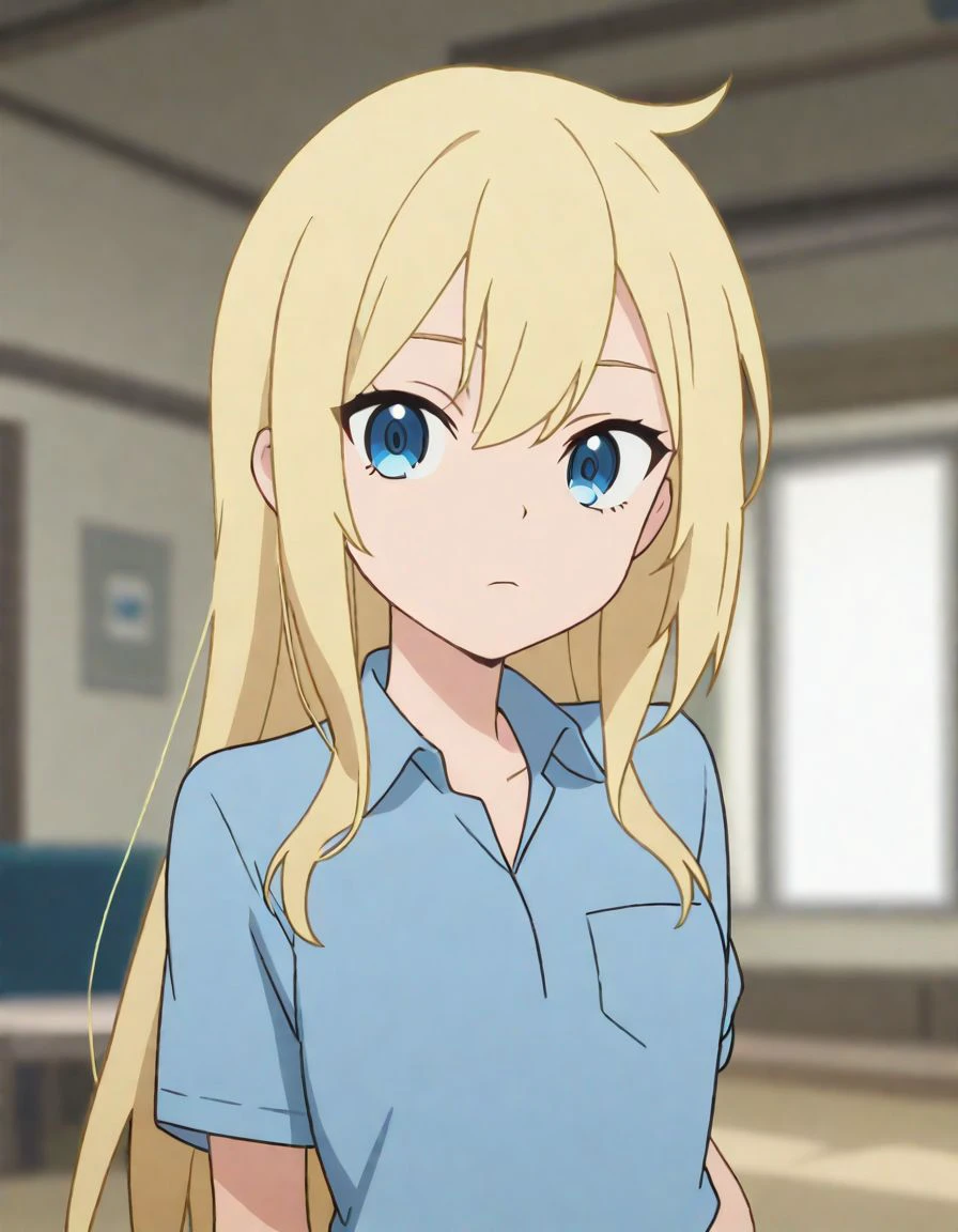 1girl , looking at viewer , blue shirt, collared shirt, miniskirt , blurry background , blonde hair , hand behind back
, scrore_9, score_8_up, score_7_up, screencap
<lora:quartet2:1>