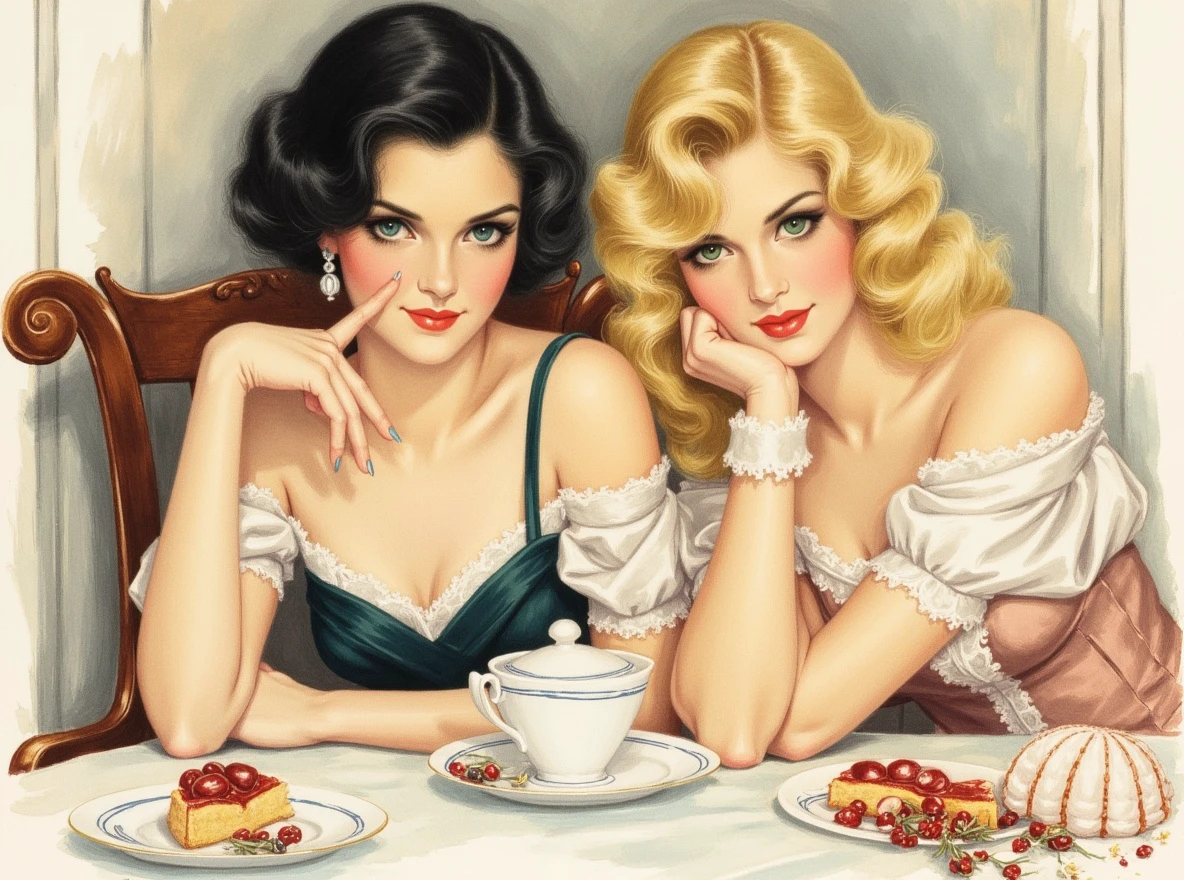 art by Bill Ward,pin-up illustration, pretty girl,long hair, perfect glasshour body,extra small waist, vintage tight sexy lace skirt, smile, Sitting and drinking coffee in a street café in Paris