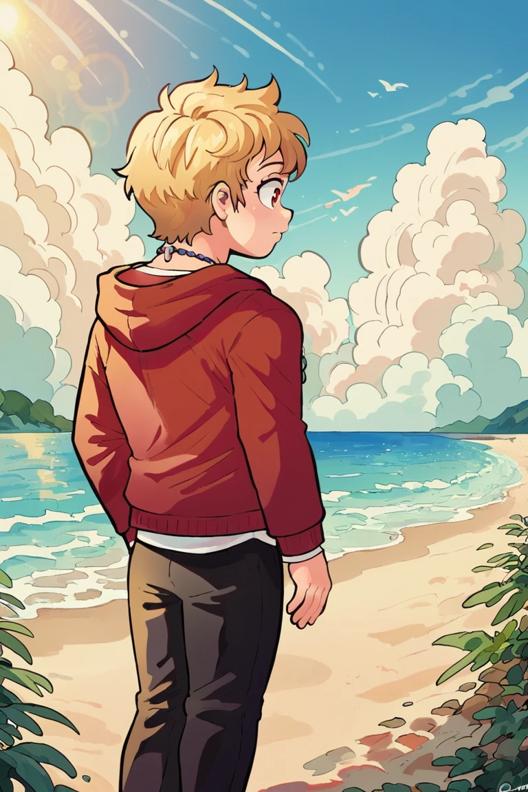 Score_9, score_8_up, score_7_up, score_6_up,score_5_up,  ,, ClansoniudoStyle,  1boy, child, looking to the side, back view, beach, black pants, blonde hair, brown jacket, closed mouth,  jacket, jewelry, long sleeves, male focus, necklace, ocean, pants, red eyes,  red hoodie,  shirt, short hair, solo, sunset, white shirt