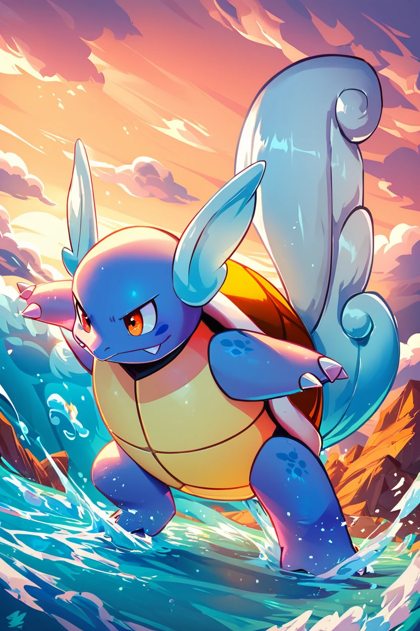 score_9, score_8_up, score_8, <lora:WartortlePokedexPDXL:1.0>,   zzWartortle, no humans,  fierce expression, standing on a rocky shore, crashing waves, glowing blue aura, water splashing everywhere, stormy sky background, dynamic pose, intense atmosphere, detailed shell and fins     embedding:zPDXL,  <lora:SDXLFaeTastic2400:0.5>,