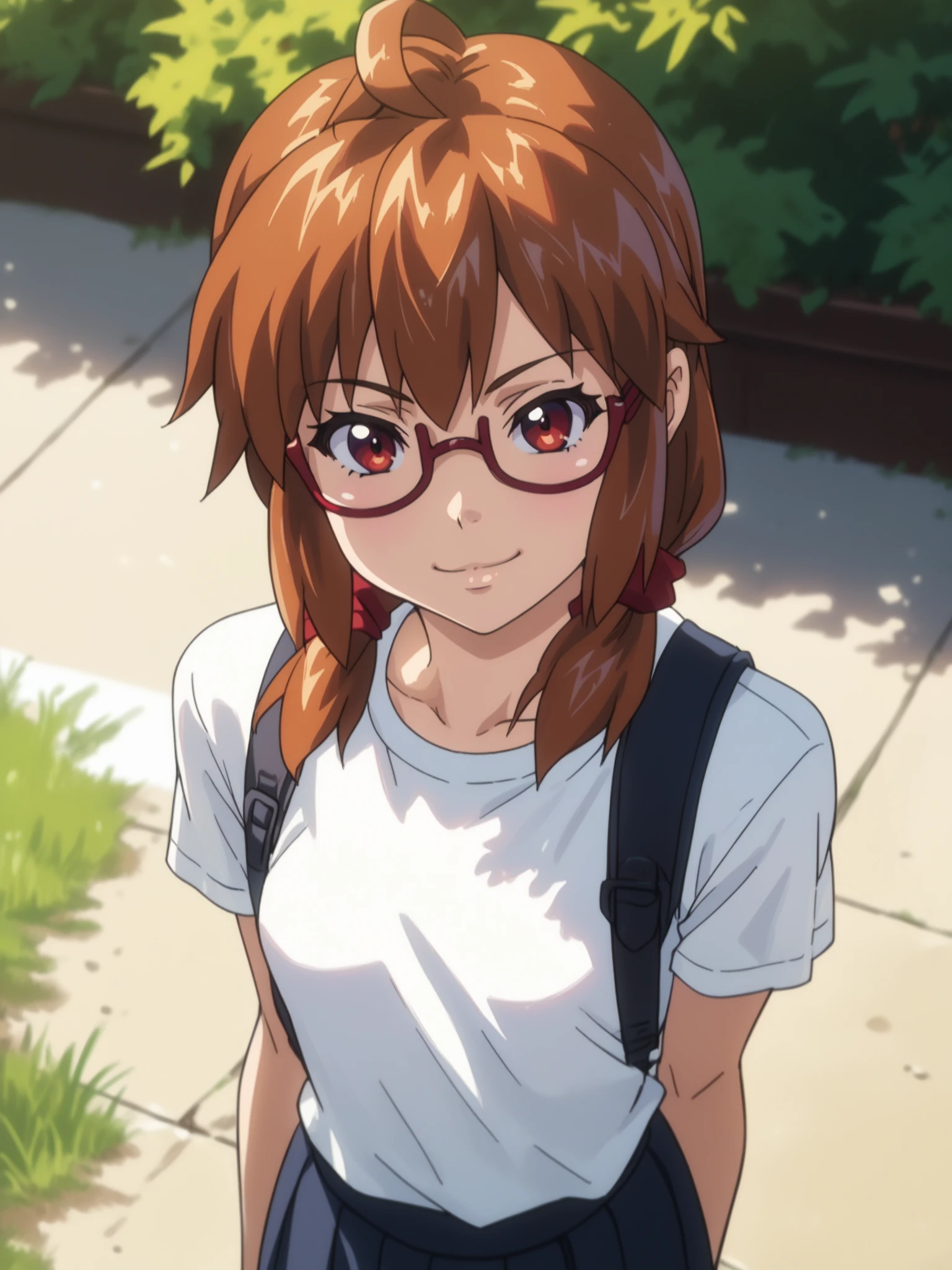 <lora:happy_tentacle-kyoukarin-v0.1-000010:0.9>, ht_kyoukarin, glasses, (red eyes, brown hair:0.7) , smug, outdoors, dawn cowboy shot, 1girl, (petite:1.2), solo focus, (looking at viewer:1.1), sidelighting, (depth of field:0.8), from above, [(realistic, photorealistic:1.2):(realistic:1.3):22], [(3d:1.2)::10], <lora:LUUNA's Lunas-NijiJourney-SDXL-B2:0.5>, nijijourney, <lora:prgfrg23's Counterfeit-V3.0 Style SDXL_LoRA_Pony Diffusion V6 XL:0.3> <lora:Shed_The_Skin's StS_age_slider_v1_initial_release:-1>, score_9, score_8_up, score_7_up, score_6_up, score_5_up, score_4_up