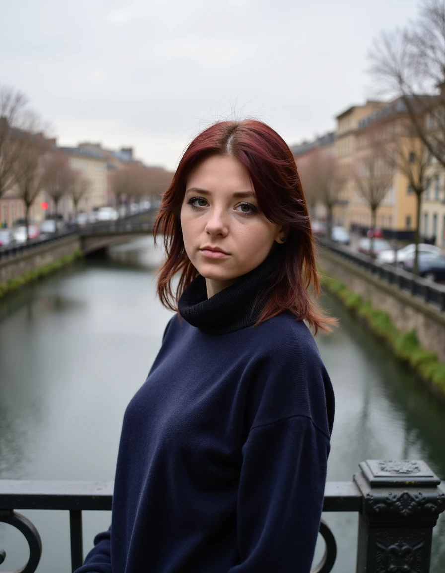 woman, mcvalensia, Standing on a bridge overlooking a river wearing a navy blue sweater, <lora:mcvalensia:1>