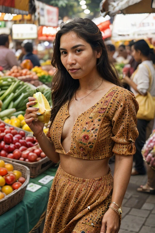 A photorealistic image of a woman walking through a busy market, with vendors selling colorful fruits and vegetables all around. Shot from a close-up angle to capture the sense of texture and vibrancy.