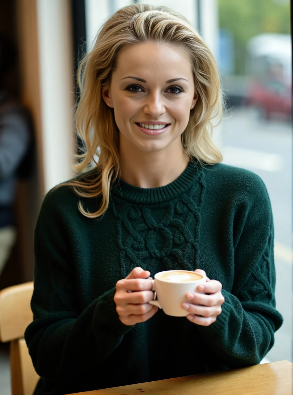 A professional photograph of a young woman Ola_Jordan wearing a dark green cableknit sweater in a cafe, holding a latte. Blonde hair, light make-up, detailed skin, bokeh, female focus, (SFW), smile <lora:Ola_Jordan:1>