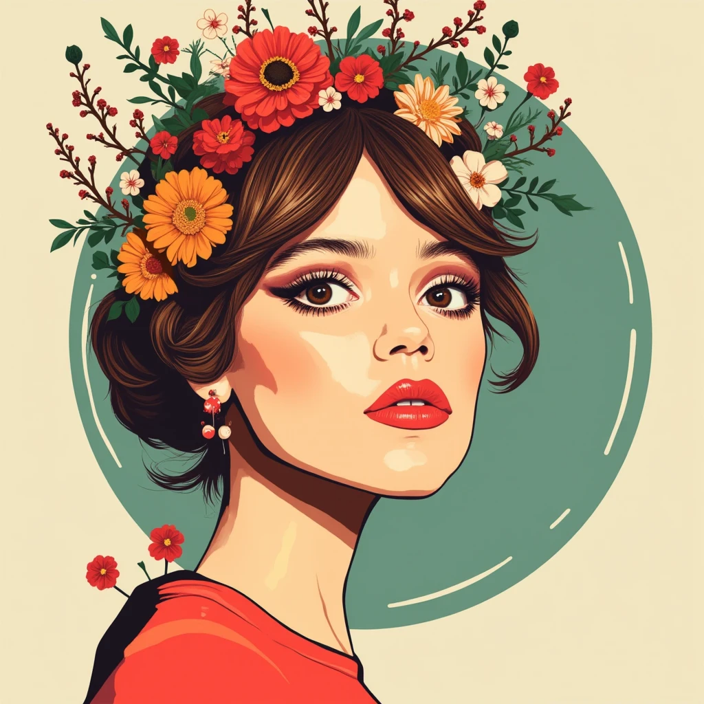 Use modern vector graphics flat design art with vibrant colors with a limited color pallete and simple shapes to create an illustration of a woman wearing flowers in her hair looking at the viewer, <lora:Jenna_Ortega_Large_FLUX_v2_merger_19_40_49_61_03_02_03_02:1>