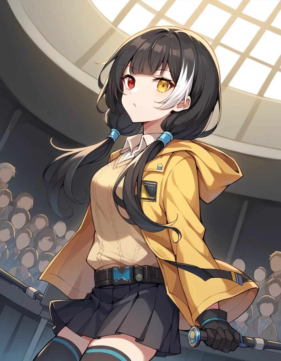 score_9, score_8_up, score_7_up, source_anime, <lora:girlsfrontline-ro635-ponyxl-lora-nochekaiser:1>, ro635, black hair, twintails, heterochromia, red eyes, yellow eyes, streaked hair, white hair, blunt bangs, low-tied twintails, long hair, multicolored hair,, shirt, white shirt, sweater vest, belt, black gloves, black skirt, hood, hood jacket, jacket, kneehighs, pleated skirt, over-kneehighs, skirt, thighhighs, yellow jacket,, courtroom, judge, witness stand, audience, formality, , from side, looking at viewer, solo,, dutch angle, cowboy shot