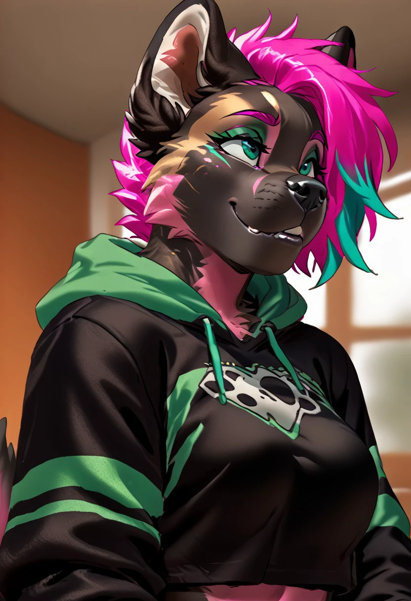 score_9, score_8_up, score_7_up, (by kittydee:1.5), (by jailbird:1.5), (by zummeng:1.5), masterpiece, best quality,    
(Furry Art: Anthro: Cane Corso:1.5), 1girl, expressive eyes, feminine eyes, perfect face, feminine face, dog, canine, cropped dog ears, cropped dog tail, dark fur, brindle fur, (pink hair with aqua green highlights:1.5), spiky hair, pixie cut hair, medium breasts, gothic clothing,