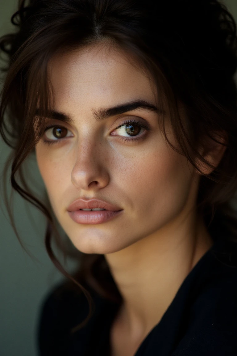 portrait inspired by Peter Lindbergh's photographic style of penelopflx, a woman looking directly into the camera with an intimate and deep expression. ** Lighting ** must be soft and natural,avoiding exaggerated perfection,and focusing on capturing the human essence and the natural beauty of women.