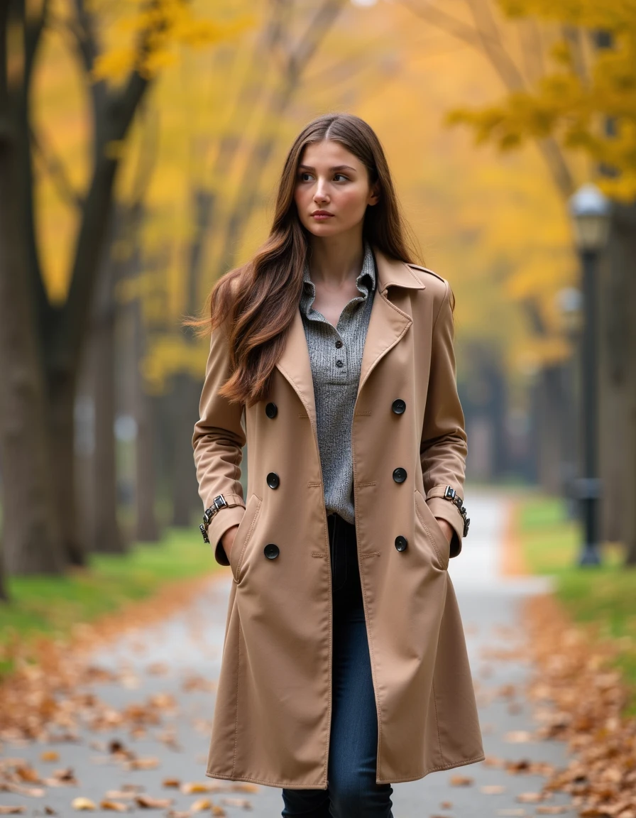 woman, ilaydaakdogan,Walking through a park in autumn wearing a beige trench coat,  <lora:ilaydaakdoganmini:1>