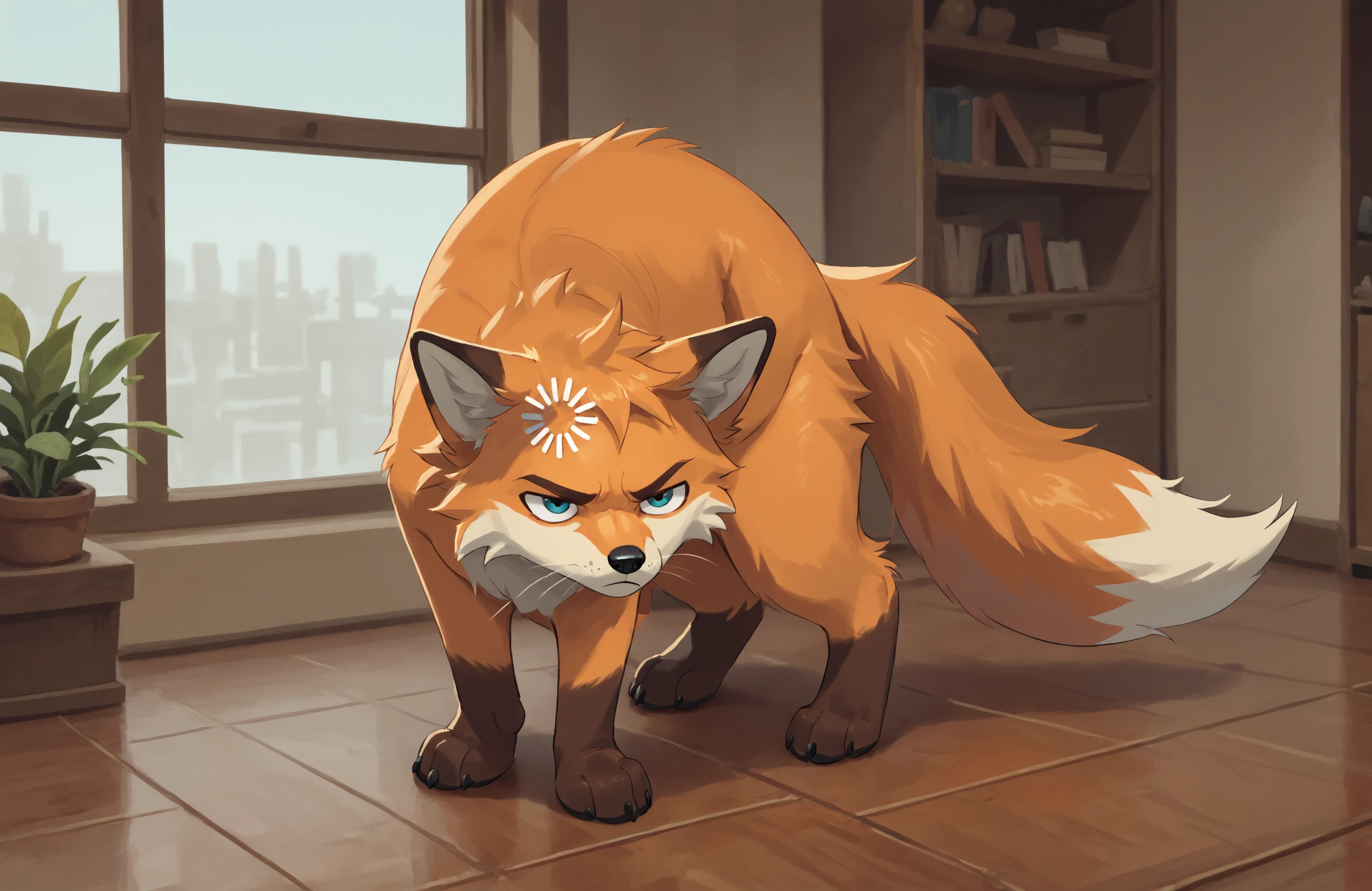 score_9, score_8_up, score_7_up, solo, 
fox, canine, orange fur, 
<lora:loading-cat:0.85> mikus-concept, arched back, narrowed eyes, loading icon on forehead, 
inside