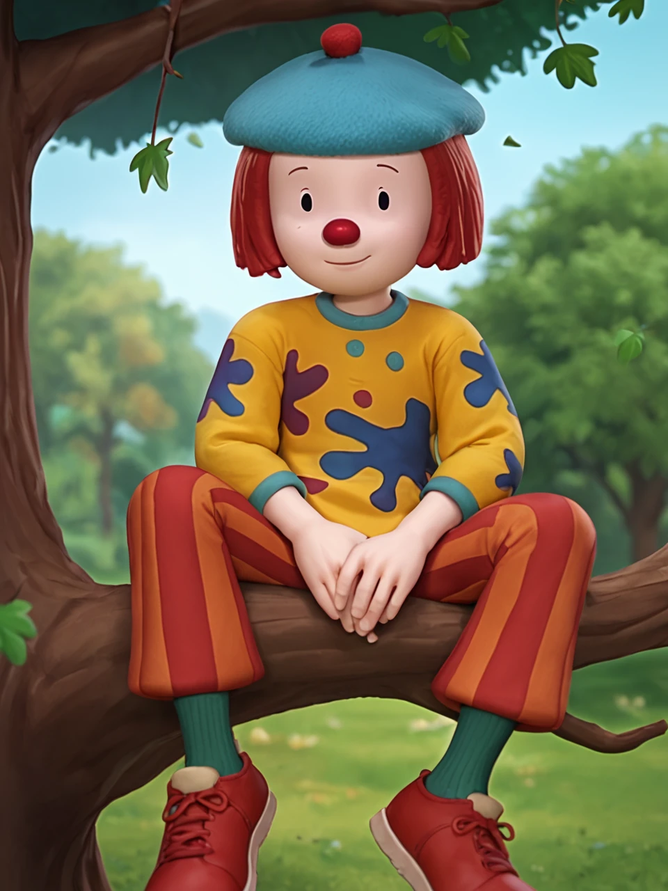 score_9, score_8_up, score_7_up, BREAK,  J0J0T1ckl3, solo, red hair, red nose, black eyes, beret, yellow shirt, print shirt, red pants, striped pants, red footwear, green socks, smile, looking at viewer, big tree, tree branch, sitting on a tree branch, canopy, leaves  <lora:JoJo_Tickle:1>