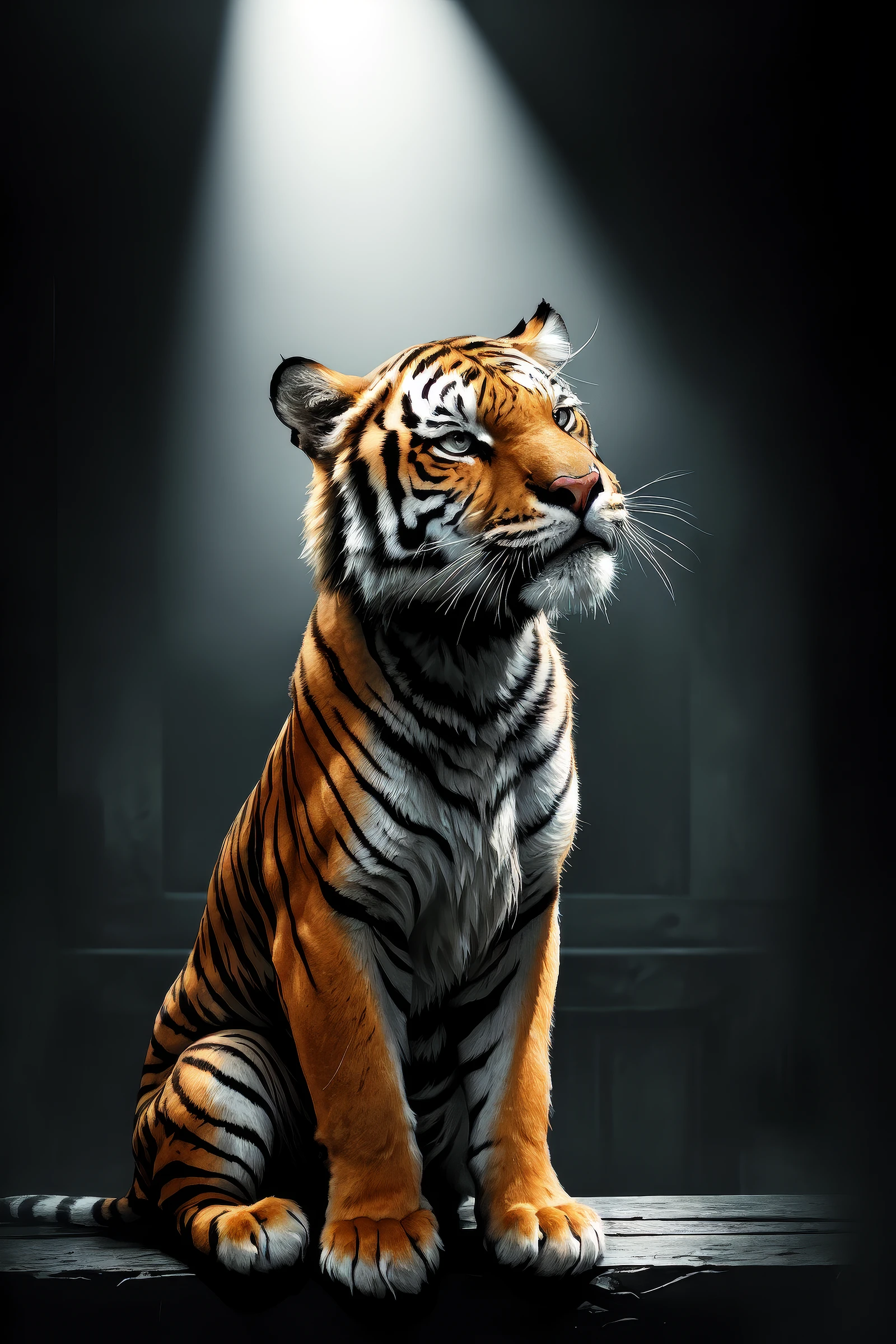 award-winning masterpiece, tiger, look at viewer, sitting with head up, majesty, medium shot, ultra-detailed eyes, high-quality, super-detailed, in the style of dark cinematic fine-art portraits, dramatic lighting, soft shadows, rich textures, moody atmosphere