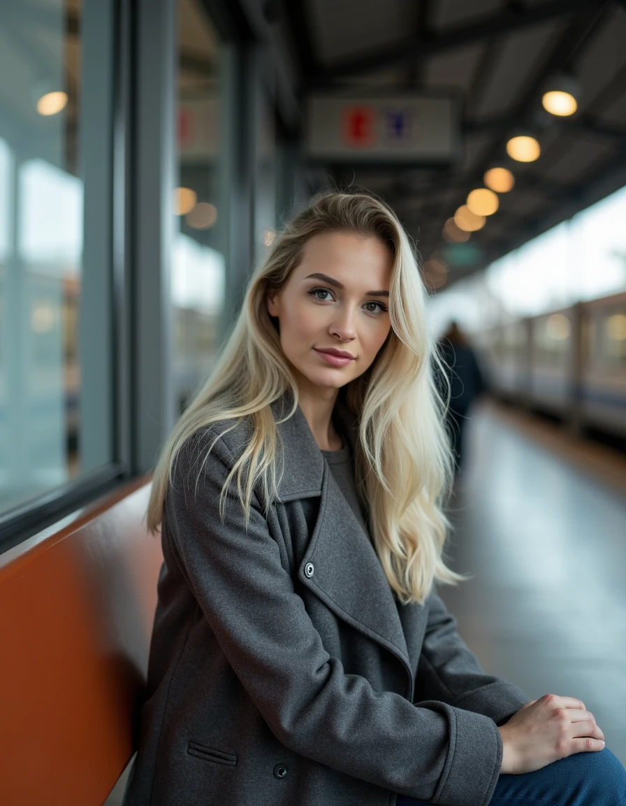 woman, bebahan, blonde, Sitting on a bench at a train station wearing a grey wool coat,  <lora:bebahanflux:1>