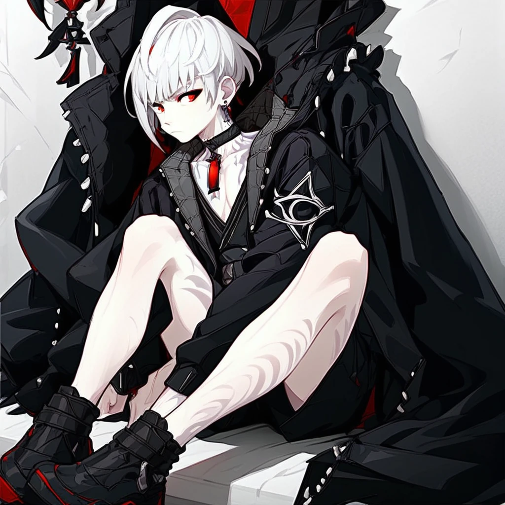 1boy, solo, male focus, haste, slim, white hair, short hair, red eyes, pale white skin, tattoo, black jacket with grey fur trim, black choker with red cylinder gem pendant, black low cut undershirt, short shorts, belt, cross earring, sitting, black footwear