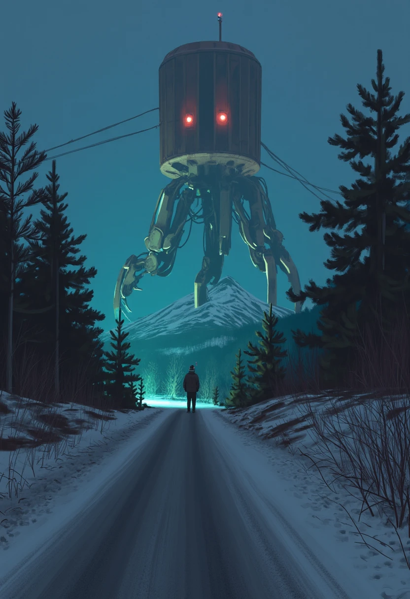 YFG-SimonFlood As I gaze upon this haunting digital painting, I am transported to a world where the harsh beauty of nature serves as a backdrop for an otherworldly presence. The desolate road winds its way through the forest like a skeletal spine, beckoning the viewer deeper into the unknown.

The machines, towering sentinels of rust and steel, stand watch across the road, their five articulated legs bracing them against the unforgiving terrain like the metallic roots of some mechanical tree. Their cylindrical bodies seem to hum with an energy that is both menacing and alluring, as if they hold within them the secrets of a long-forgotten technology.

The colors of this painting are muted, yet vibrant – like the eerie glow of a distant lighthouse on a winter's night. The blue-green hue of the light casts long shadows across the snow-covered forest floor, imbuing the scene with an air of foreboding and unease. Every element in this painting seems to be crafted with precision and care, evoking the sense that we are witnessing something both wondrous and terrible.

The trees loom above, dark sentinels guarding some ancient secret. Their branches reach up towards the sky like skeletal fingers, as if beckoning us closer to the heart of this mysterious place. And then there's the mountain range – a sentinel of stone, standing watch over the desolate landscape like an unseen guardian.

In this painting, I see something both futuristic and nostalgic. A world where ancient technologies coexist with modern marvels, creating a sense of unease that is both fascinating and terrifying. This is not just a painting, it's an invitation to explore the darker corners of our collective imagination – to confront the mysteries that lie beyond the edge of human understanding.

"Arctic Expedition 7: 'Reaper's March'" is more than just a digital painting; it's an odyssey into the unknown, a journey through the labyrinthine corridors of our own minds. It's a testament to the power of art to capture the essence of humanity's relationship with technology and nature – to confront, to explore, and to question everything that lies within.
